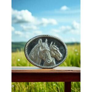 Vintage Brass MCBI Two Horse Head Belt Buckle With Black Enamel